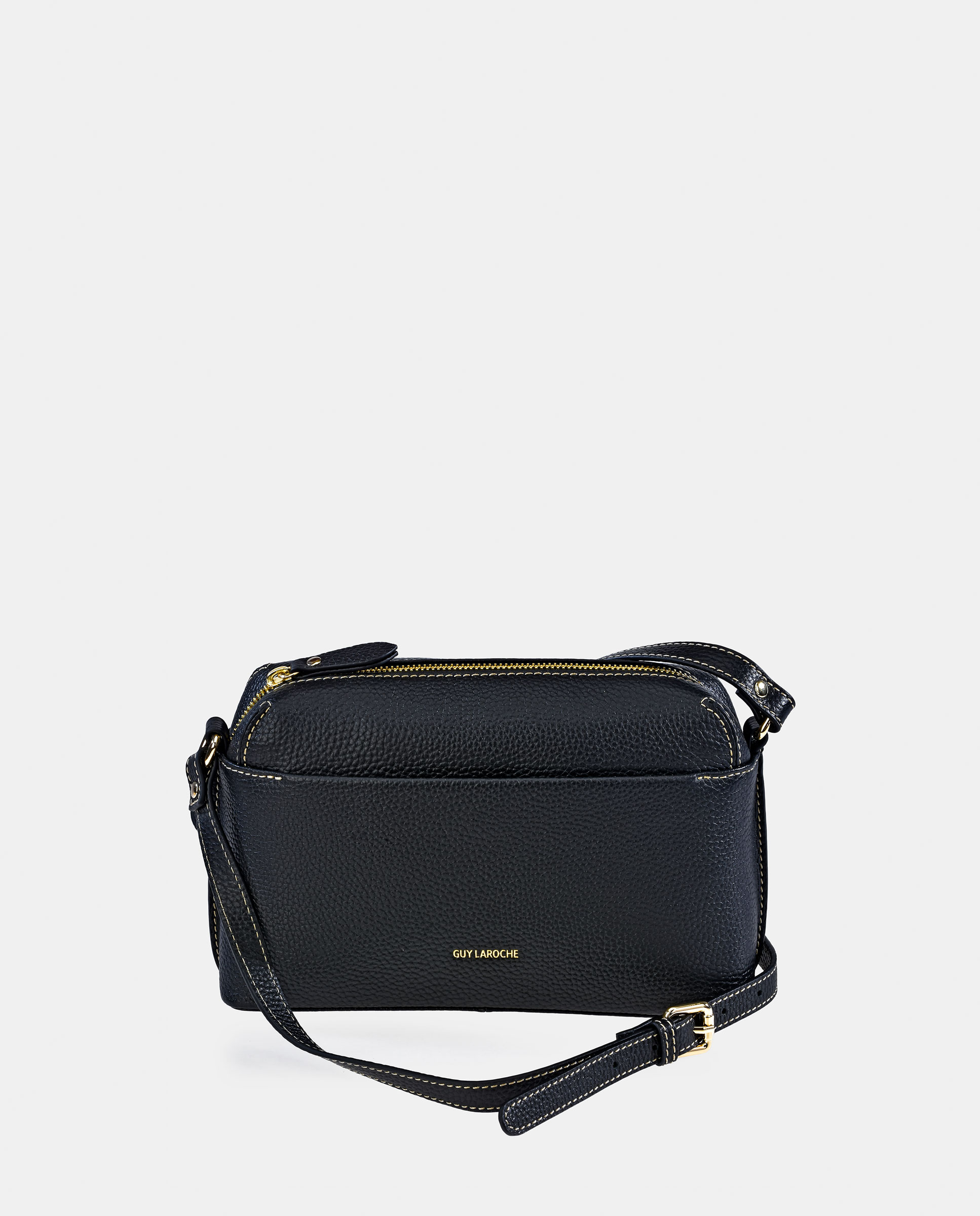 Mala Crossbody em Pele com Bolso à Frente Preto-1