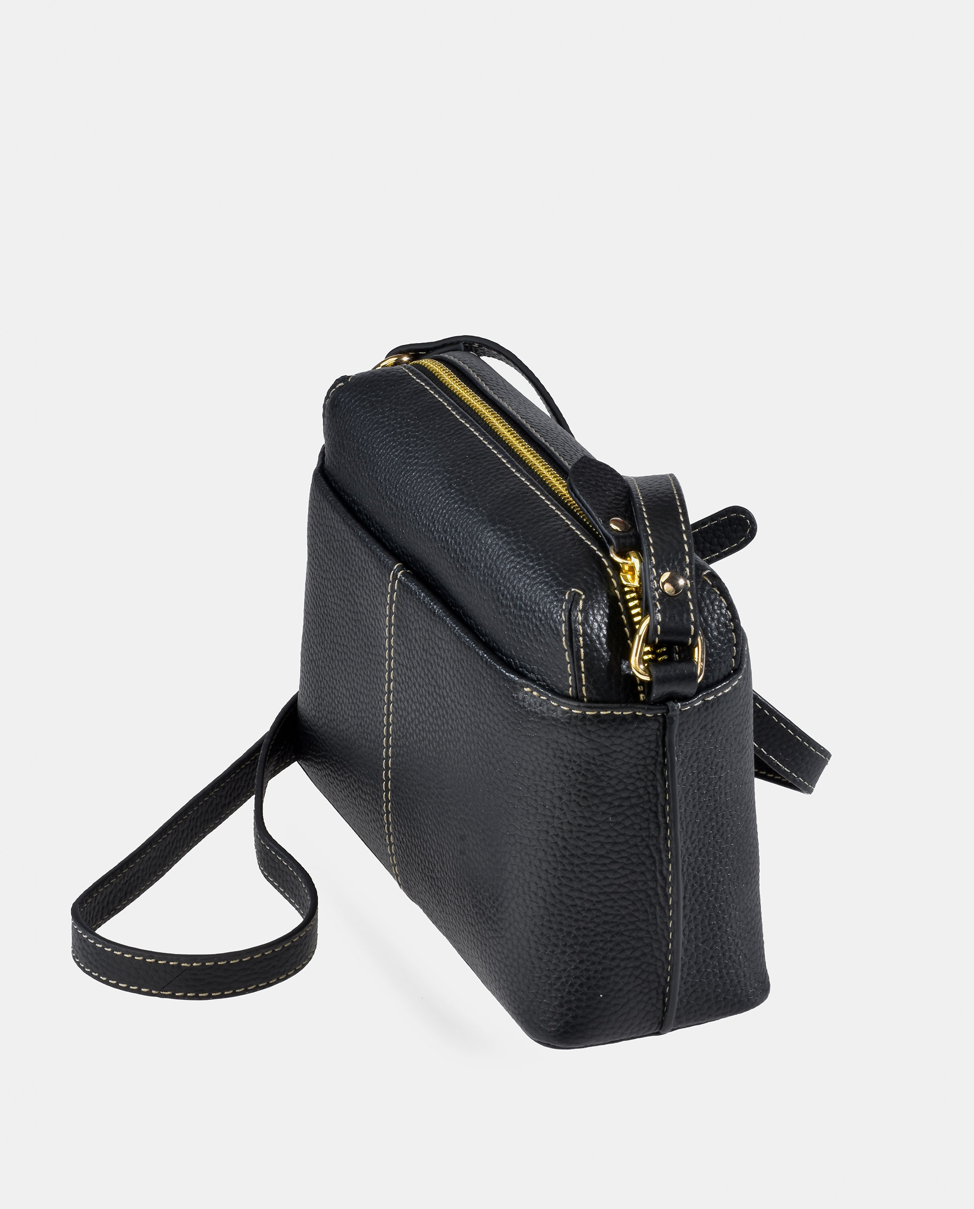Mala Crossbody em Pele com Bolso à Frente Preto-3