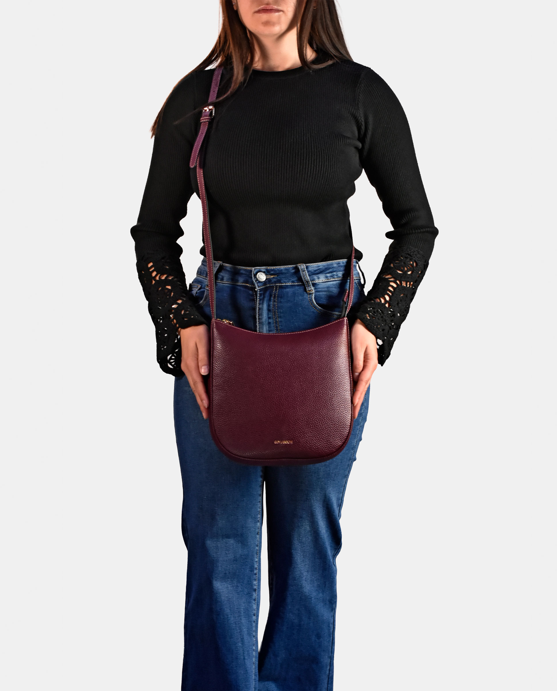 Mala Crossbody em Pele com Bolso Traseiro Bordeaux-4