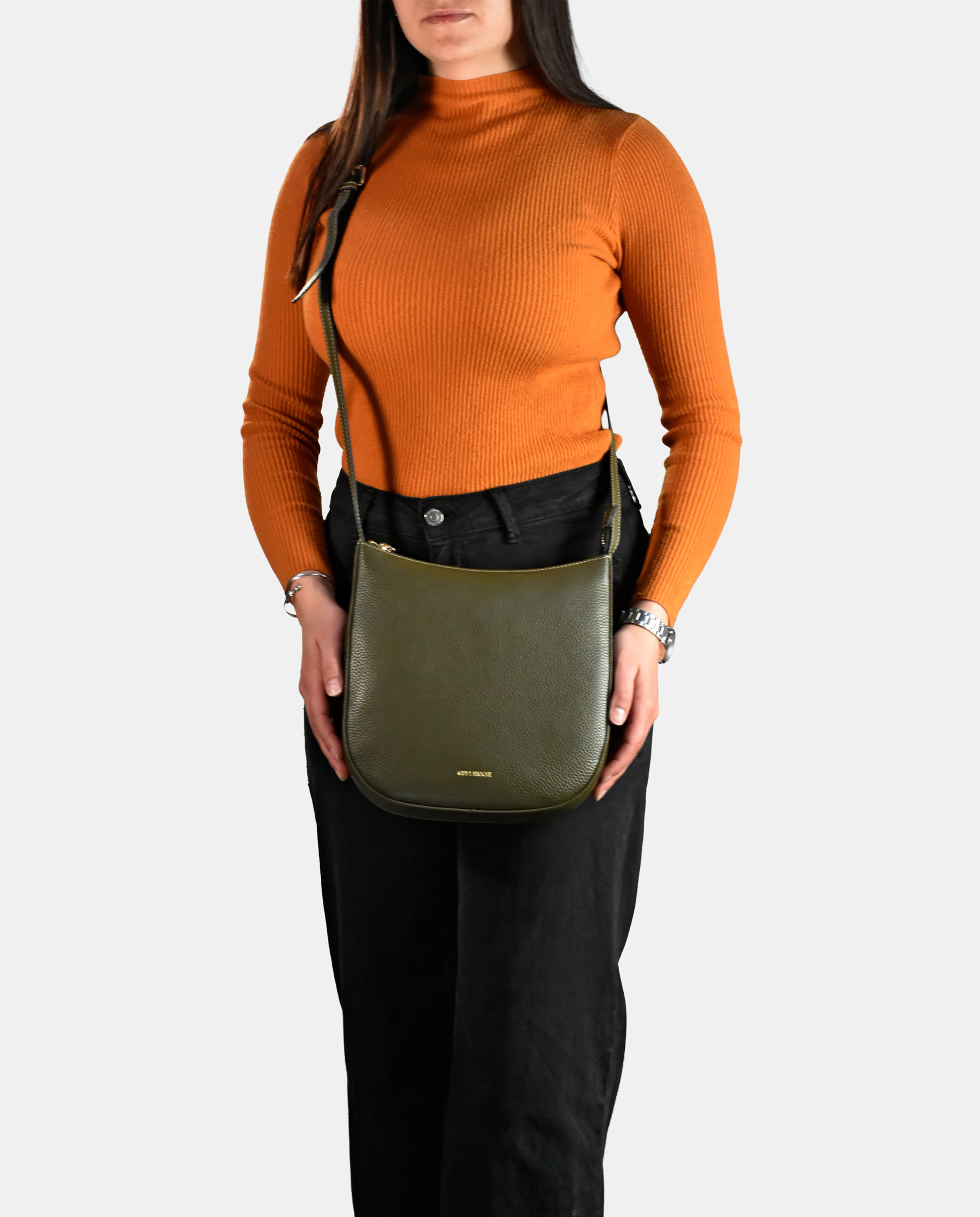Mala Crossbody em Pele com Bolso Traseiro Verde-escuro-4