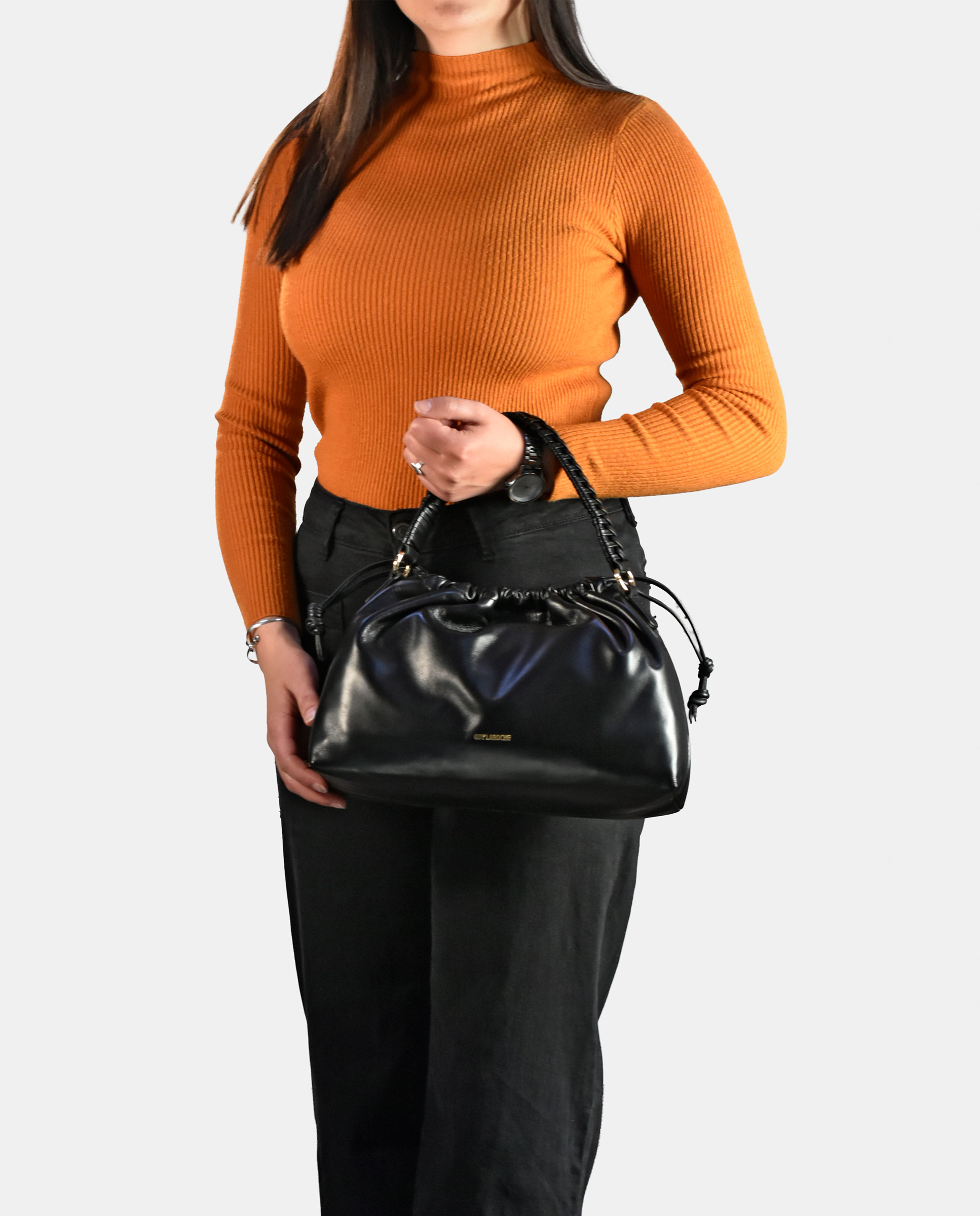 Bolso bucket en piel con cierre magnético y cordón - Guy Laroche - Negro Negro-4