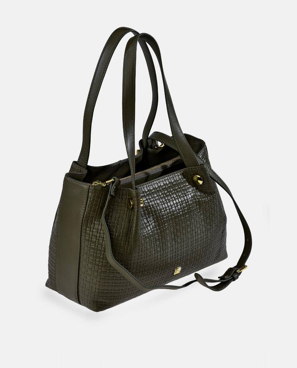 Mala Carryall em Pele com Alça Dupla e Alça de Tiracolo - Preto Verde-escuro-2