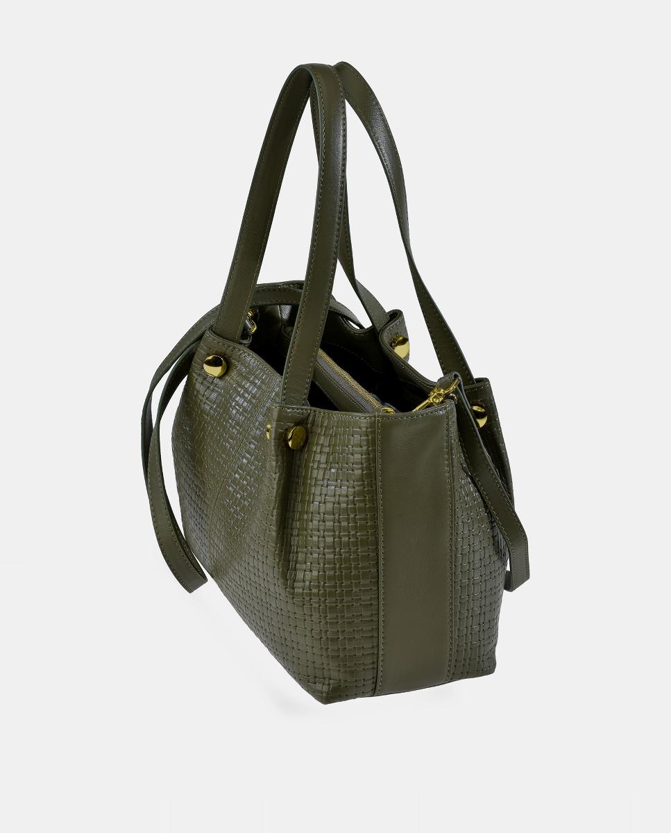 Mala Carryall em Pele com Alça Dupla e Alça de Tiracolo - Preto Verde-escuro-3