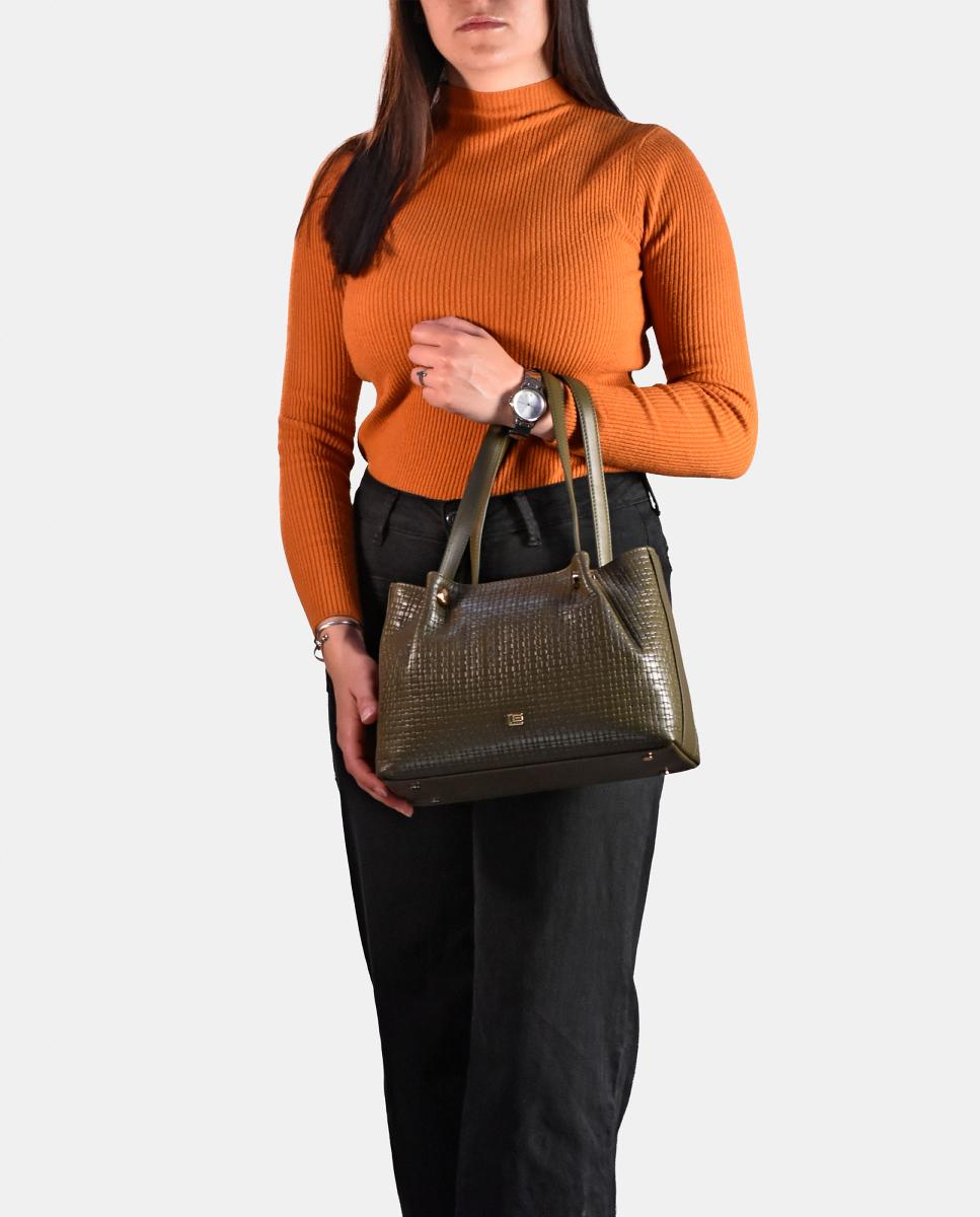 Mala Carryall em Pele com Alça Dupla e Alça de Tiracolo - Preto Verde-escuro-5