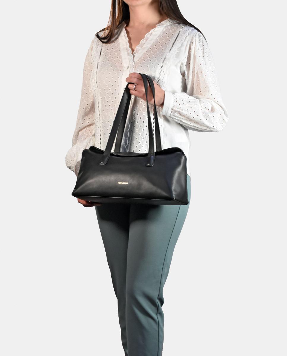 Mala Shopper Compacta em Pele com Alça Dupla Preto-4