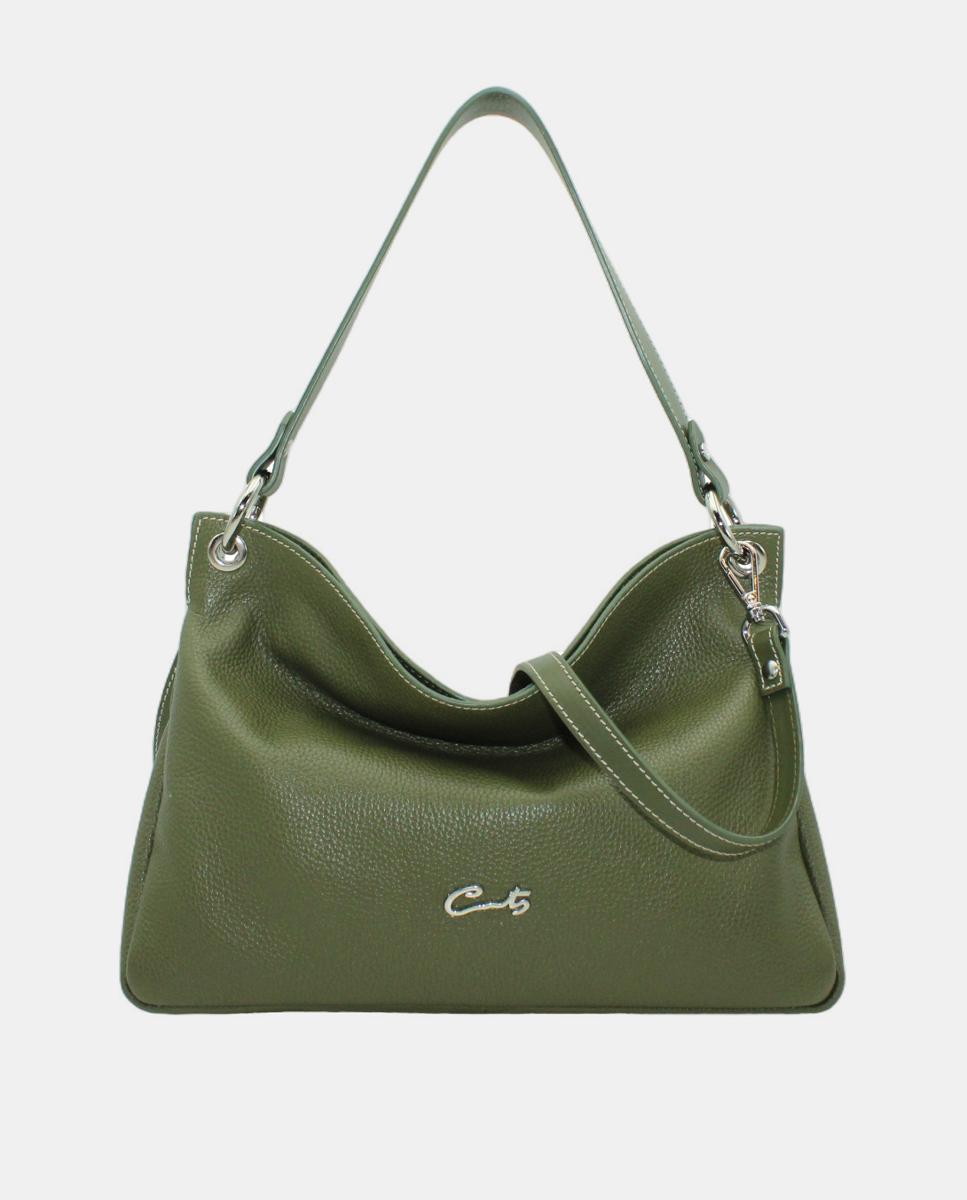 Mala Hobo em Pele com Fecho de Correr e Alça de Tiracolo Verde-escuro-1