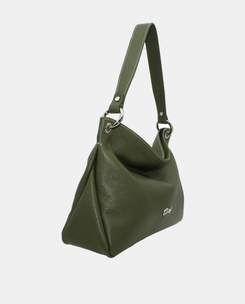 Mala Hobo em Pele com Fecho de Correr e Alça de Tiracolo Verde-escuro-2