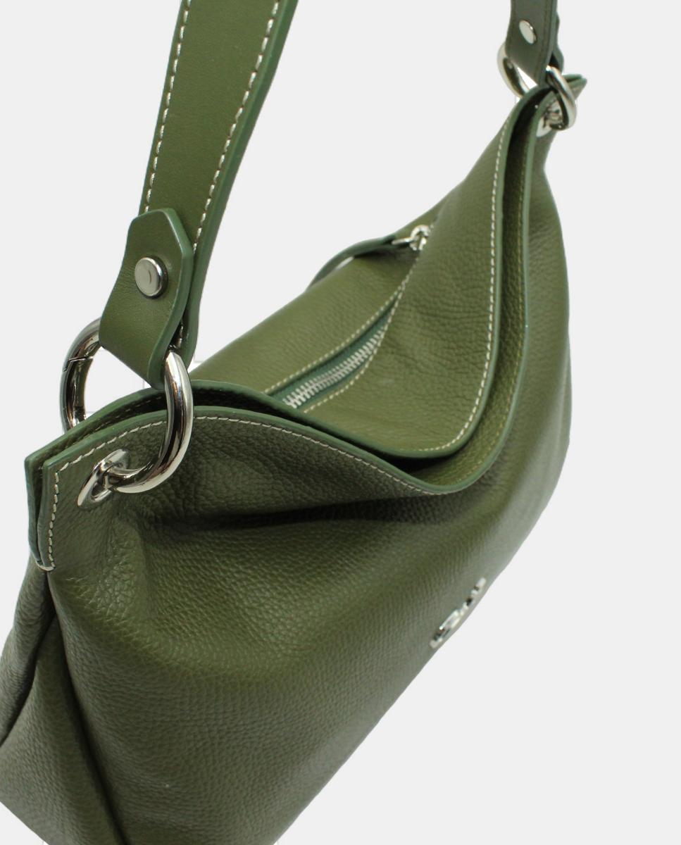 Mala Hobo em Pele com Fecho de Correr e Alça de Tiracolo Verde-escuro-3