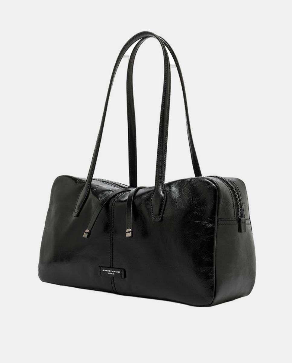 Mala de Ombro Grande em Pele com Compartimento Largo e Bolso Interior com Fecho de Correr Preto-2