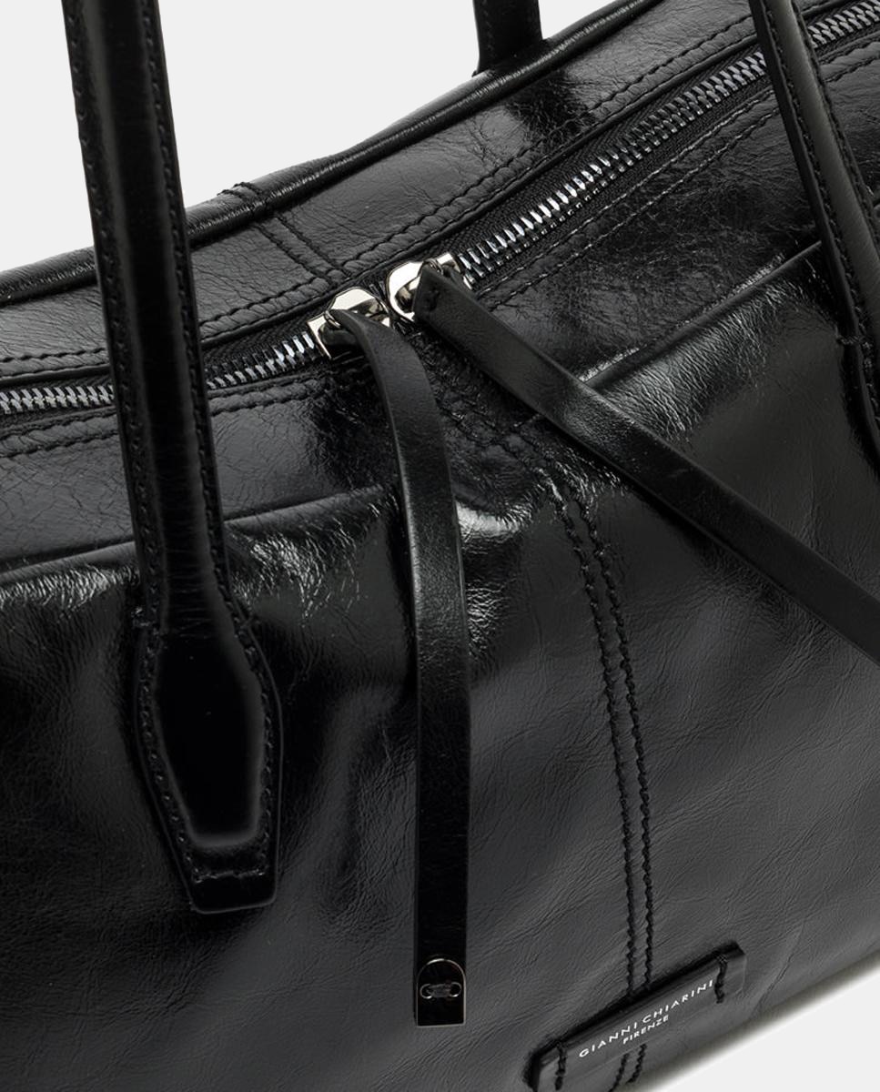 Mala de Ombro Grande em Pele com Compartimento Largo e Bolso Interior com Fecho de Correr Preto-4