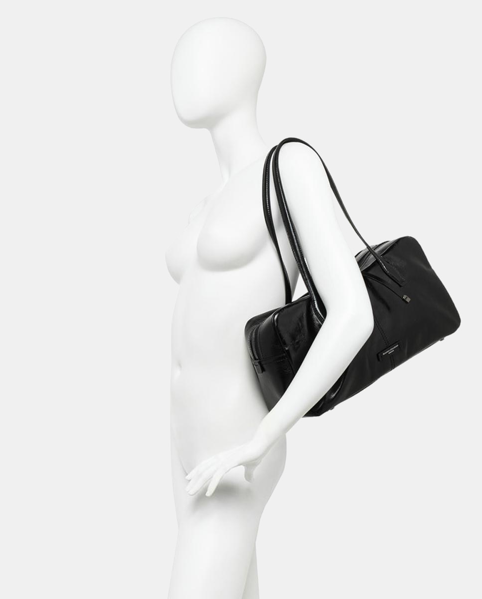 Mala de Ombro Grande em Pele com Compartimento Largo e Bolso Interior com Fecho de Correr Preto-6