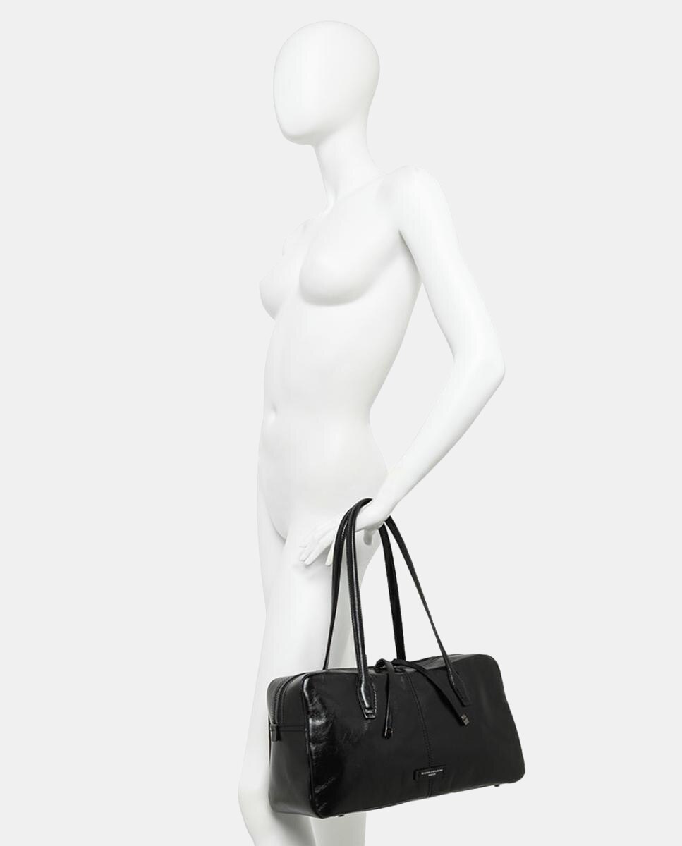 Mala de Ombro Grande em Pele com Compartimento Largo e Bolso Interior com Fecho de Correr Preto-7
