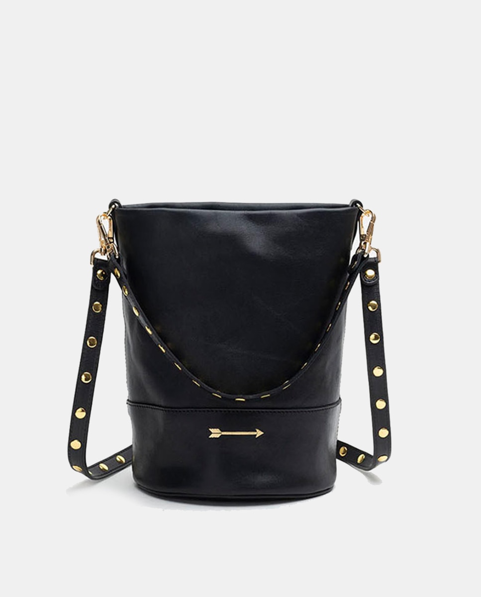 Mala Média em Pele Estilo Bucket com Duas Alças de Rebites Desmontáveis Preto-1