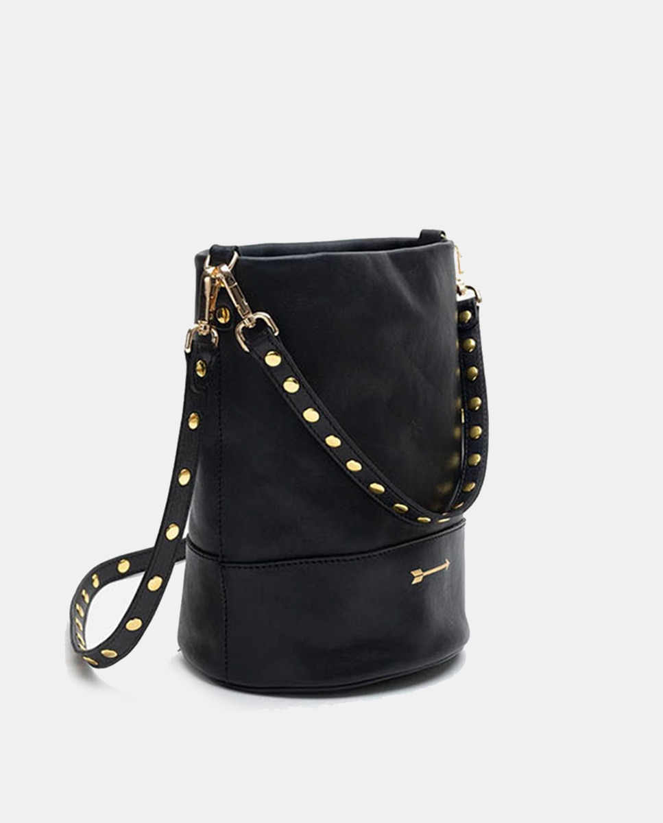 Mala Média em Pele Estilo Bucket com Duas Alças de Rebites Desmontáveis Preto-2