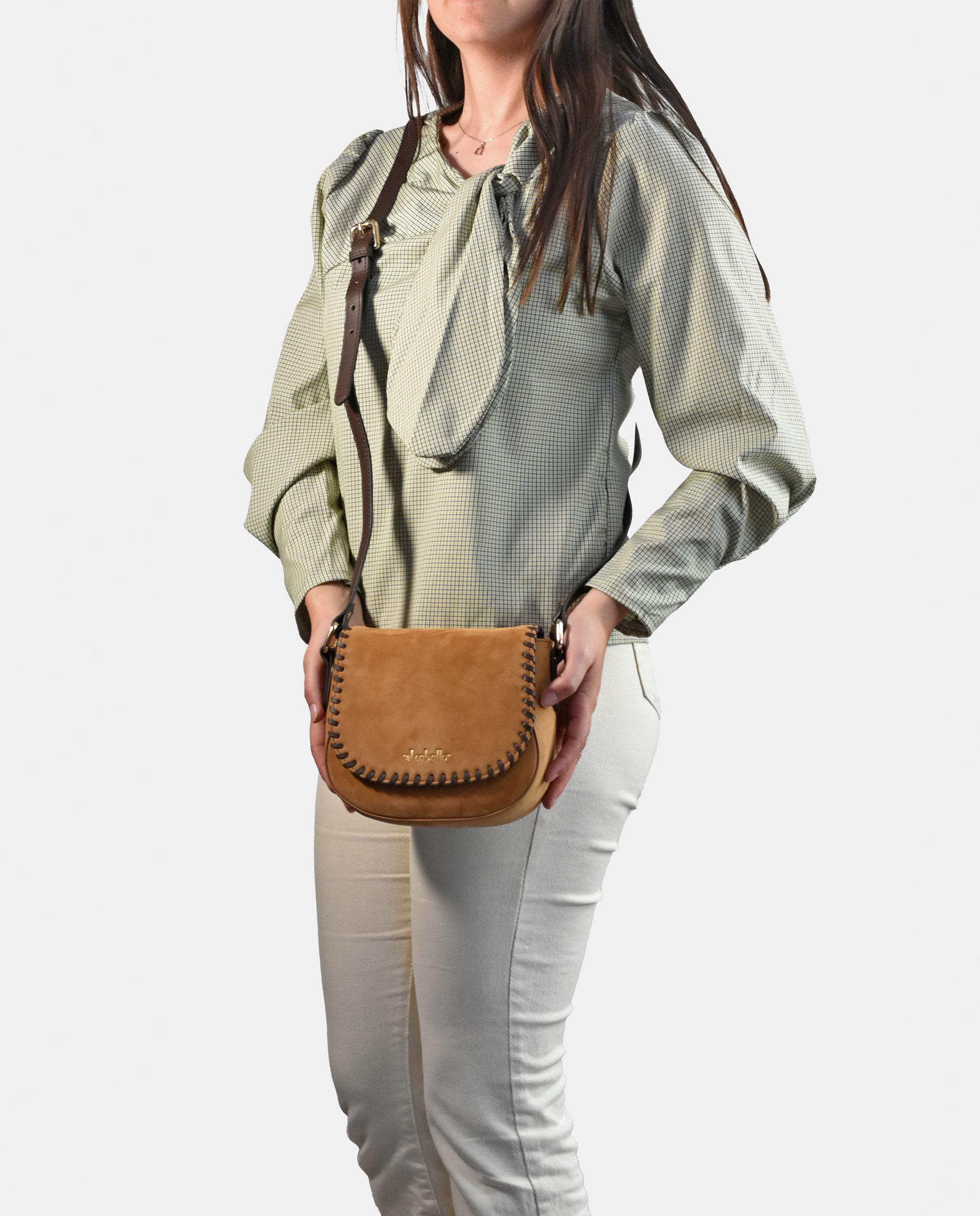 Mala Crossbody em Nobuck e Pele Tipo Napa Castanho-claro-4