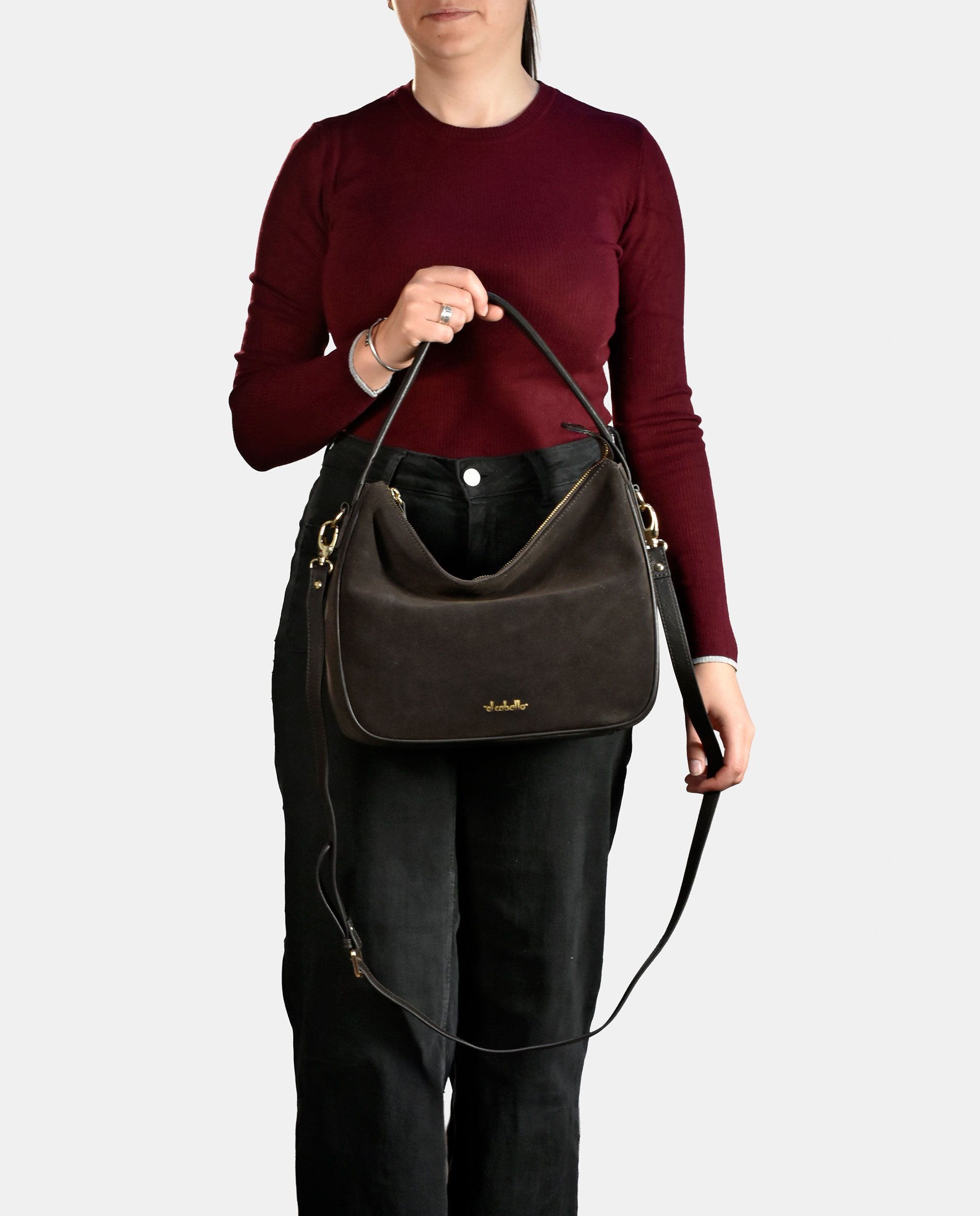 Bolso Hombro realizado en Serraje y Piel Napa - El Caballo - Marrón Marrón-5