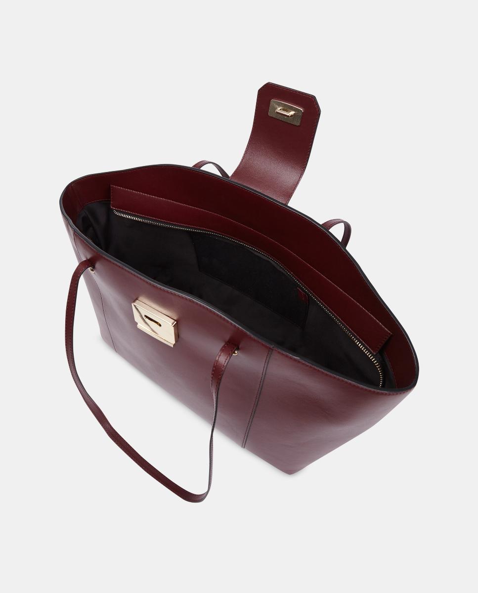 Mala Shopper Grande em Pele Lisa com Alças Compridas Bordeaux-3