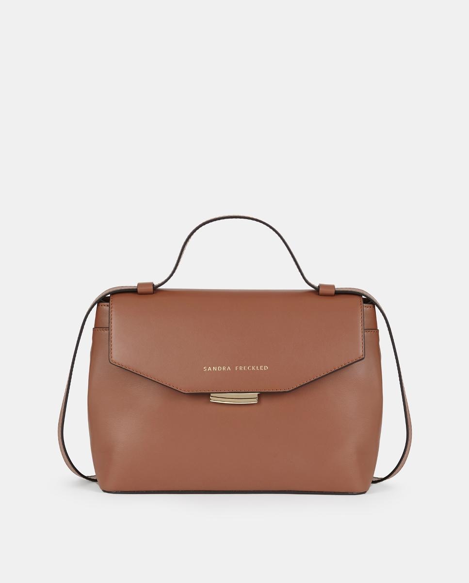 Mala Crossbody em Pele Lisa com Alça Comprida Ajustável Camel-1
