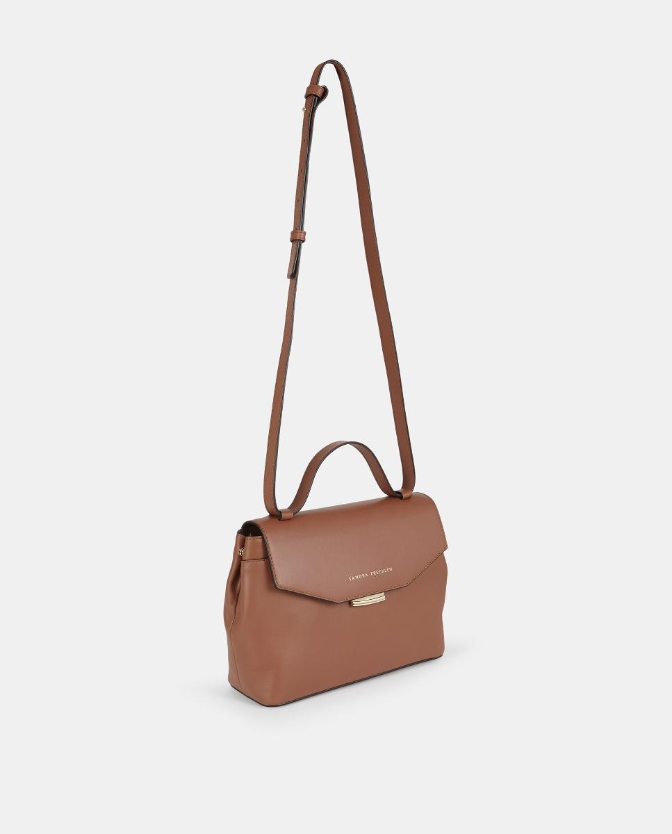 Mala Crossbody em Pele Lisa com Alça Comprida Ajustável Camel-2