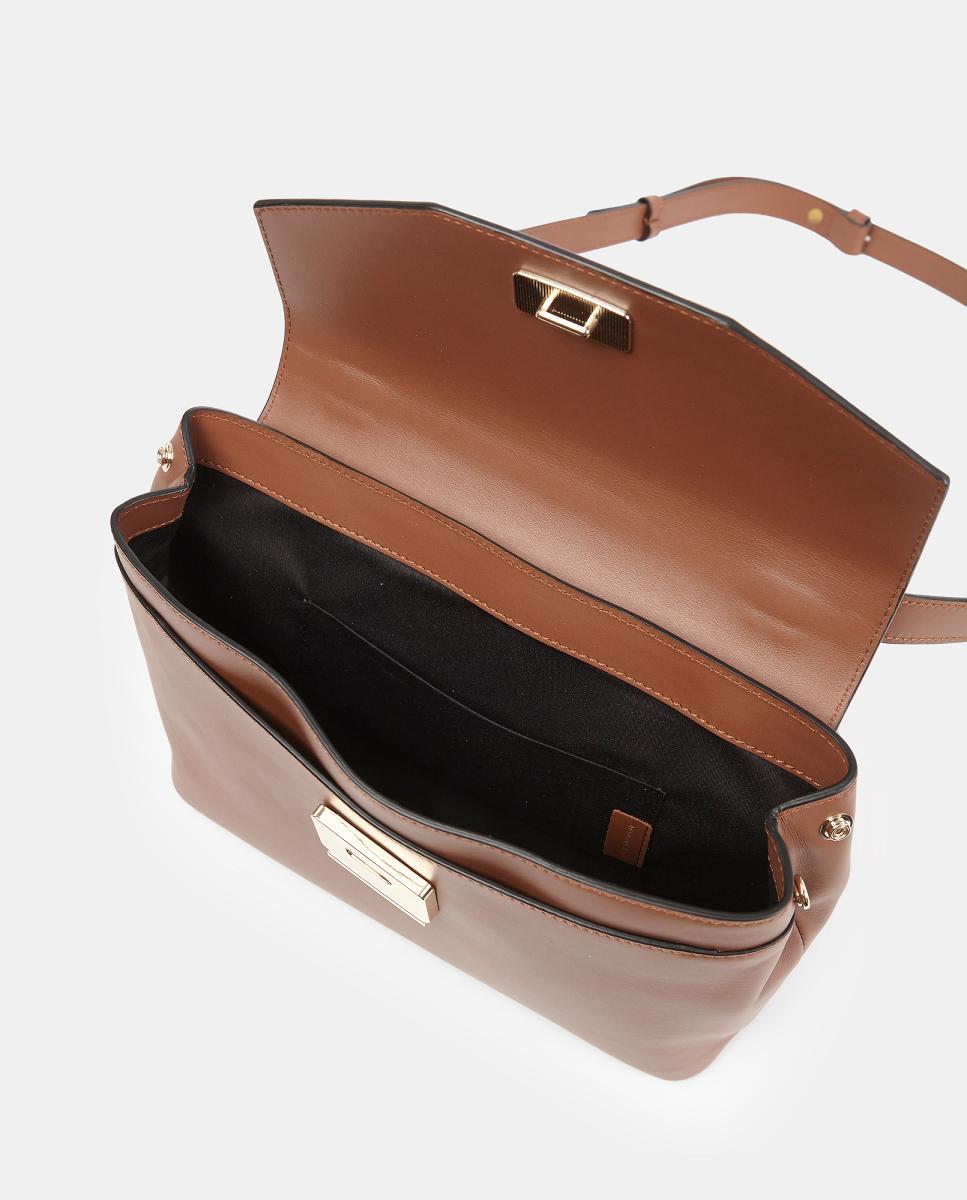 Mala Crossbody em Pele Lisa com Alça Comprida Ajustável Camel-3