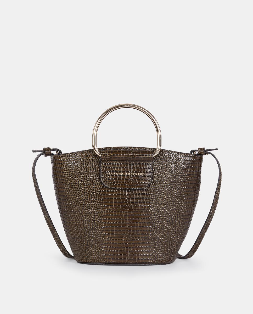 Mala Crossbody em Pele Gravada com Alças Metálicas Verde-escuro-1