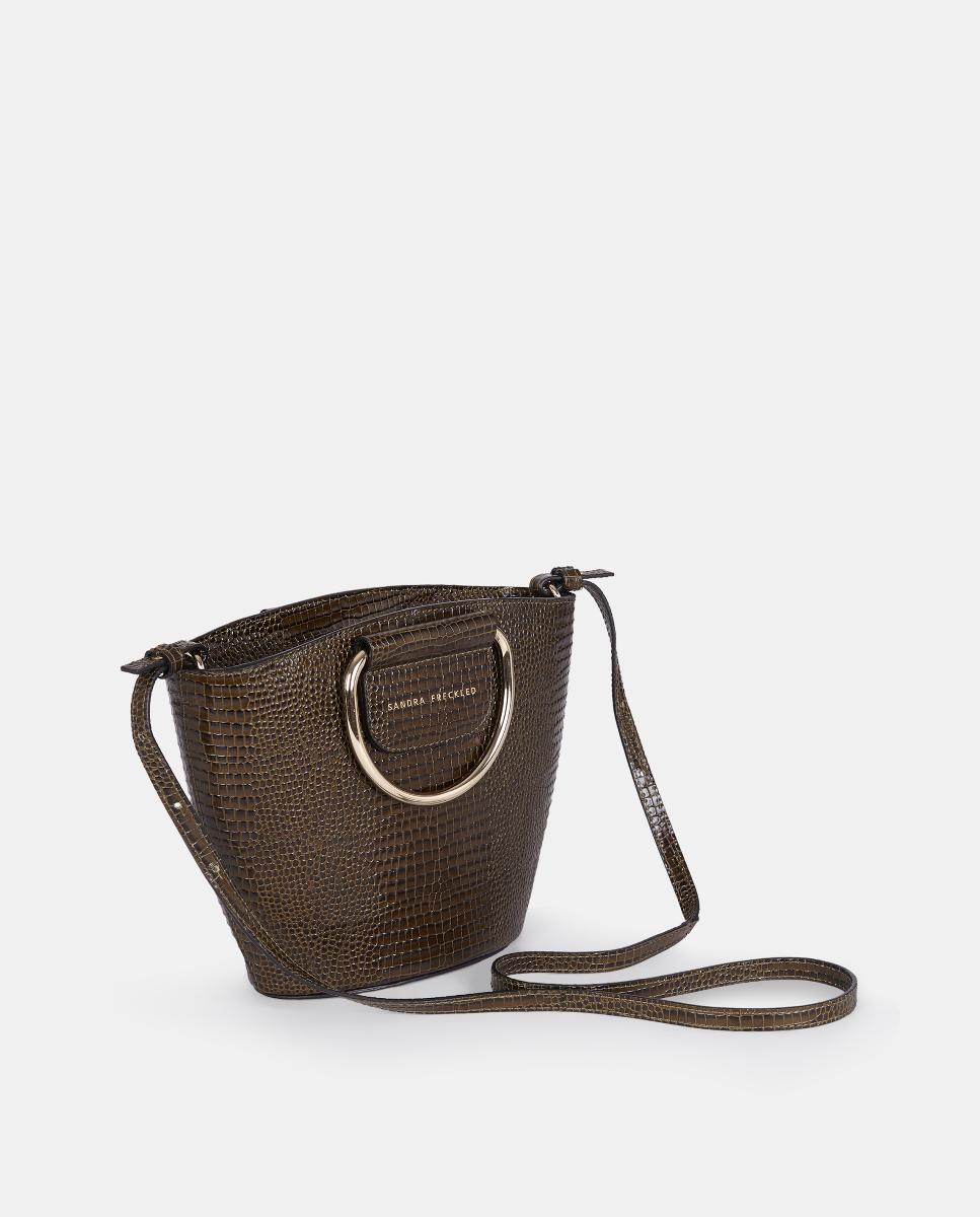 Mala Crossbody em Pele Gravada com Alças Metálicas Verde-escuro-2