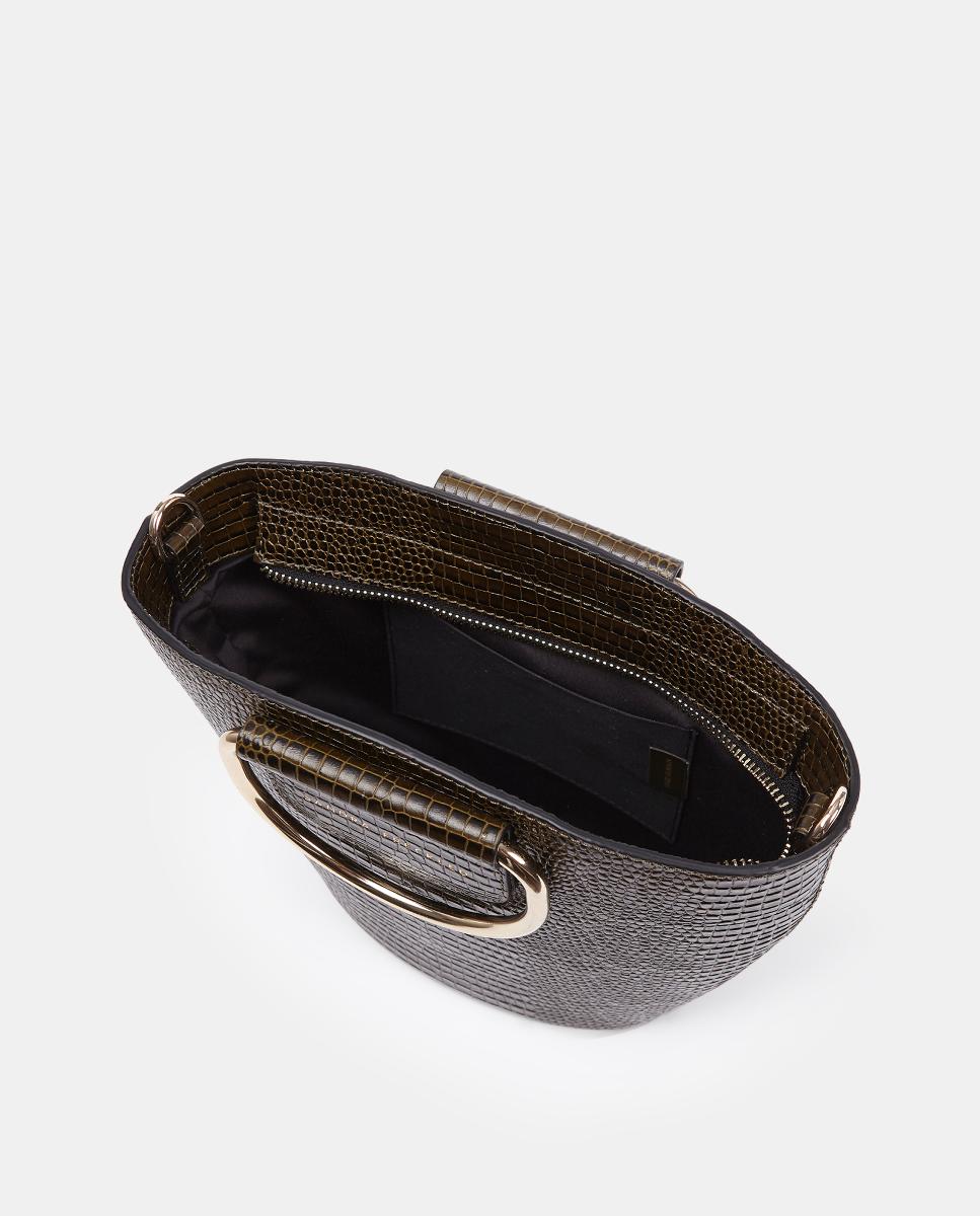 Mala Crossbody em Pele Gravada com Alças Metálicas Verde-escuro-3
