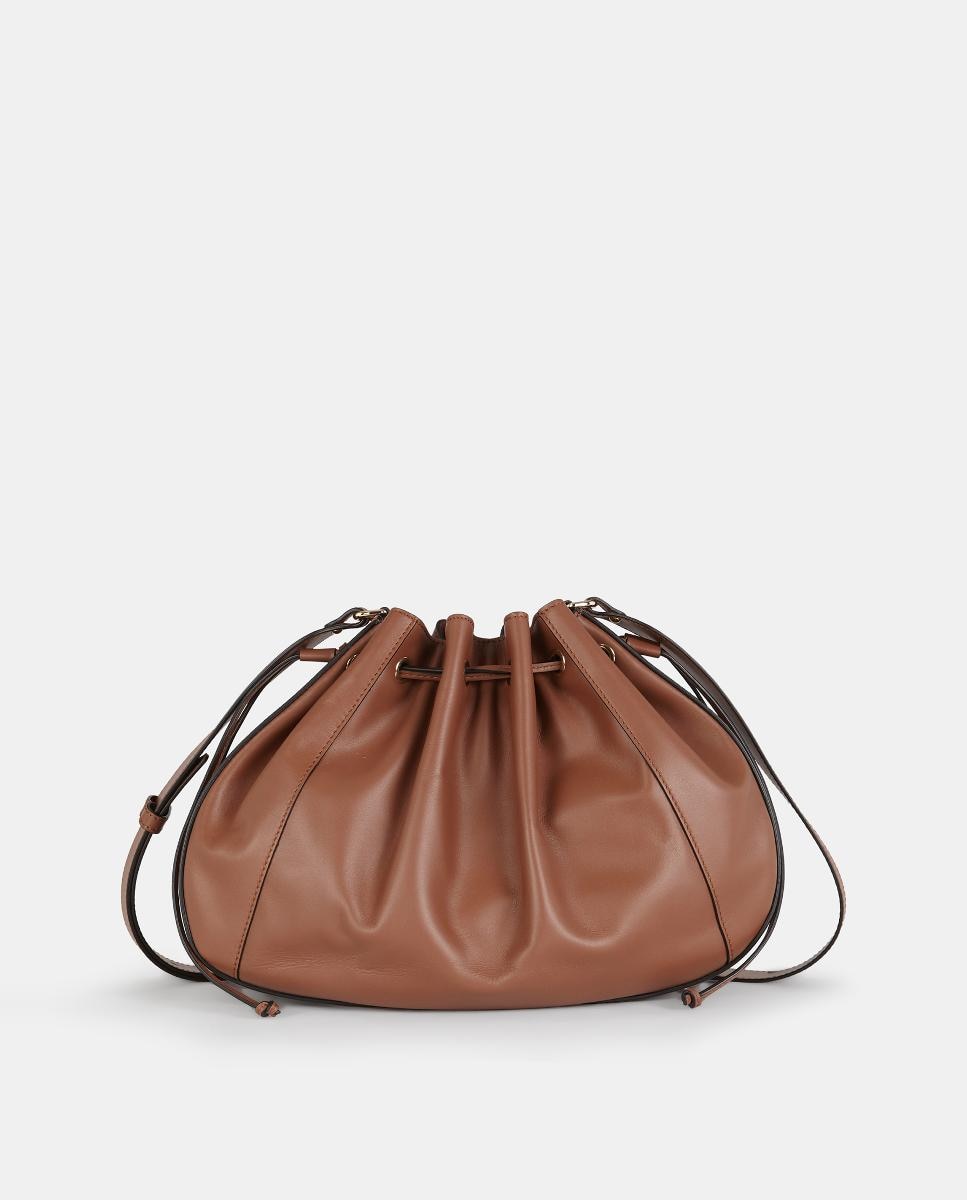 Mala Crossbody em Pele Lisa com Alça de Tiracolo Larga e Fecho de Cordão Camel-1