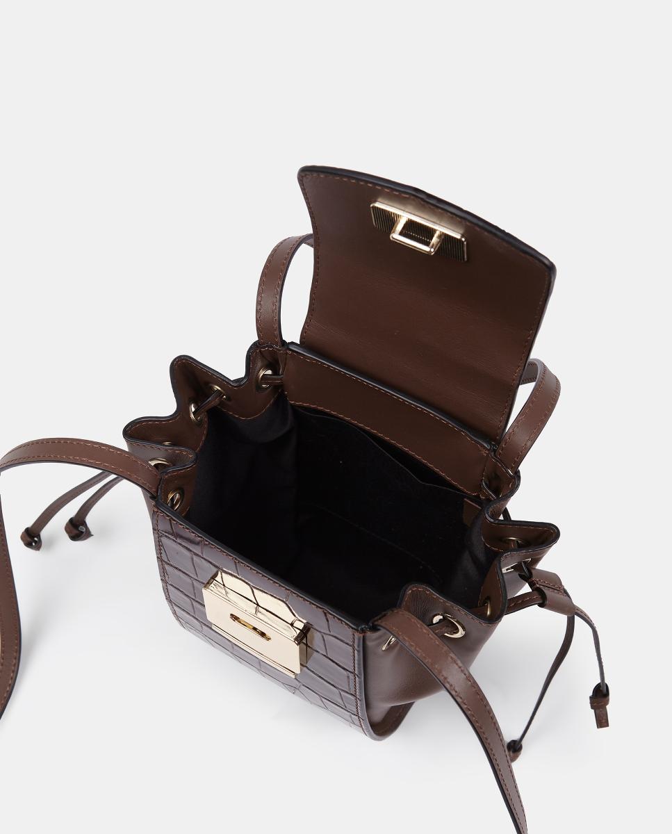 Mala Crossbody Pequena em Pele Gravada com Aba e Alças Compridas Castanho-escuro-3