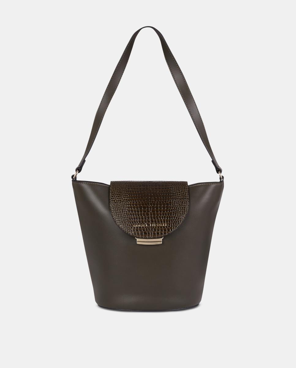 Mala Crossbody em Pele Gravada com Aba e Alça de Tiracolo Larga Verde-escuro-1