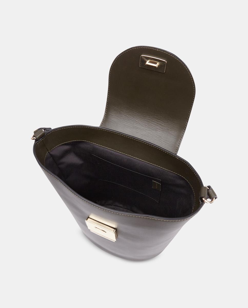 Mala Crossbody em Pele Gravada com Aba e Alça de Tiracolo Larga Verde-escuro-3