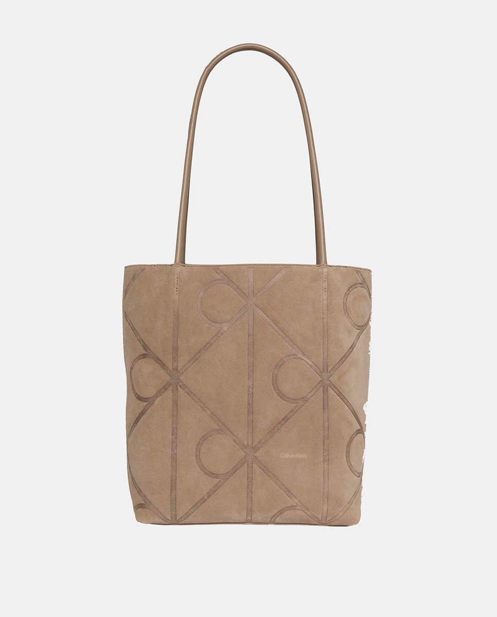 Mala Tipo Tote Larga de Croute com Estampado de Monograma Bege-1