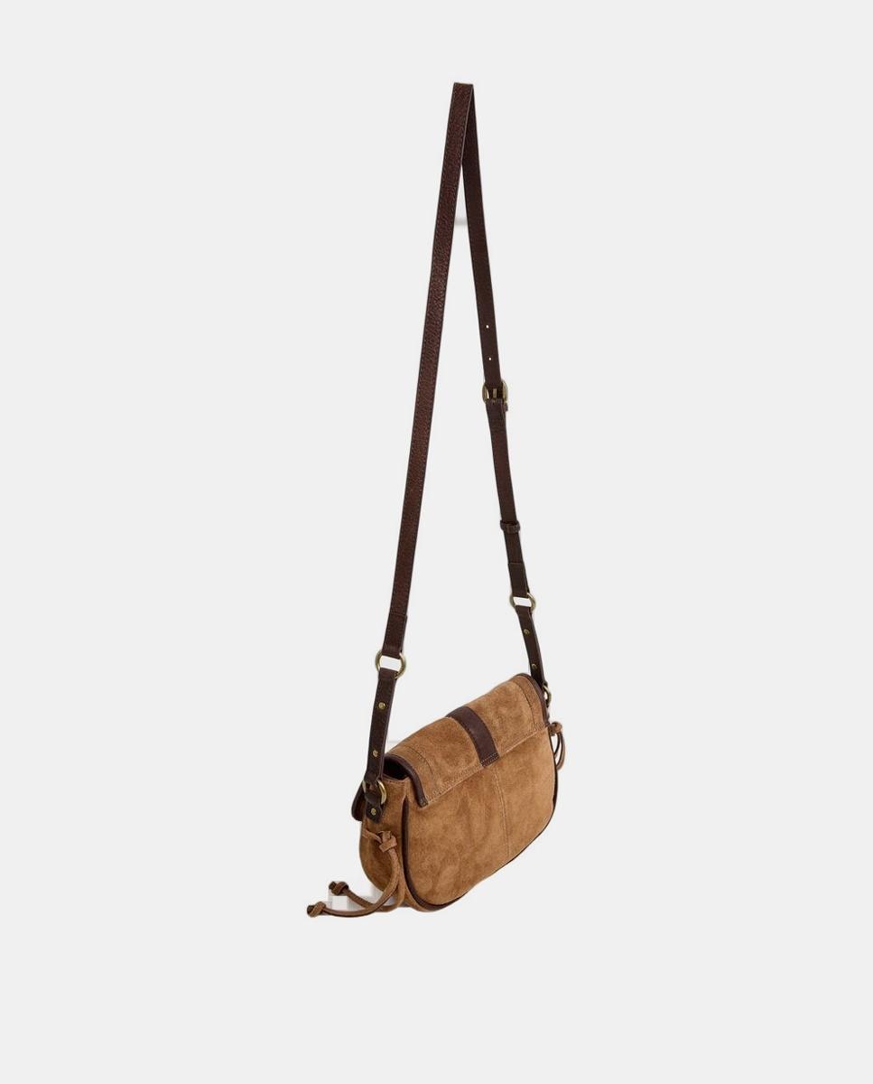 Mala Saddle Leonor Angie em Pele Combinada com Aba Magnética, Correia Ajustável e Logótipo Castanho-3