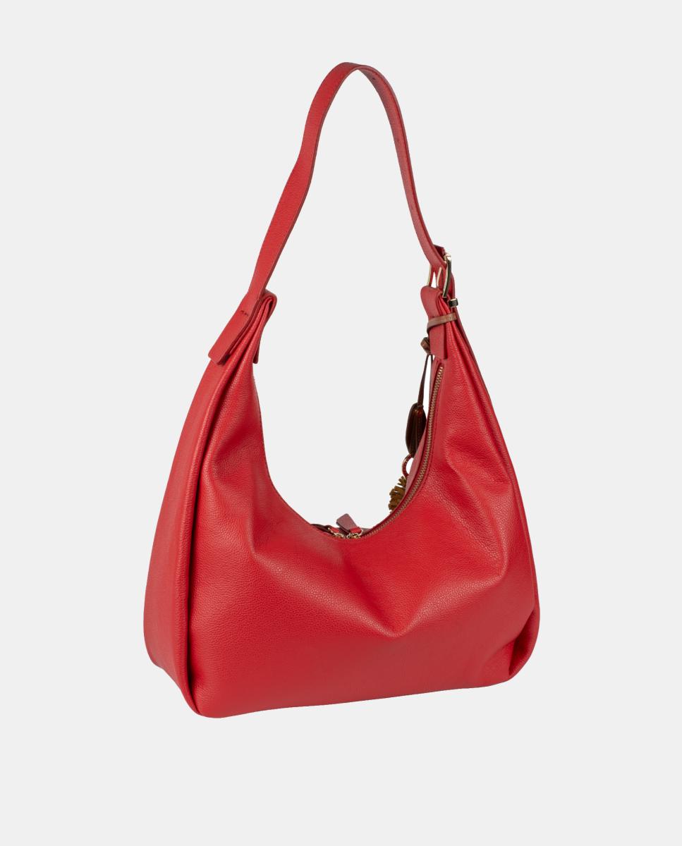 Mala Hobo em Pele Bovina com Fecho de Correr e Adorno Pendente Vermelho-2