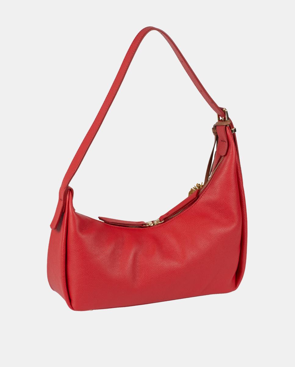 Mala Hobo Assimétrica em Pele Bovina com Fecho de Correr e Adorno Pendente Vermelho-2