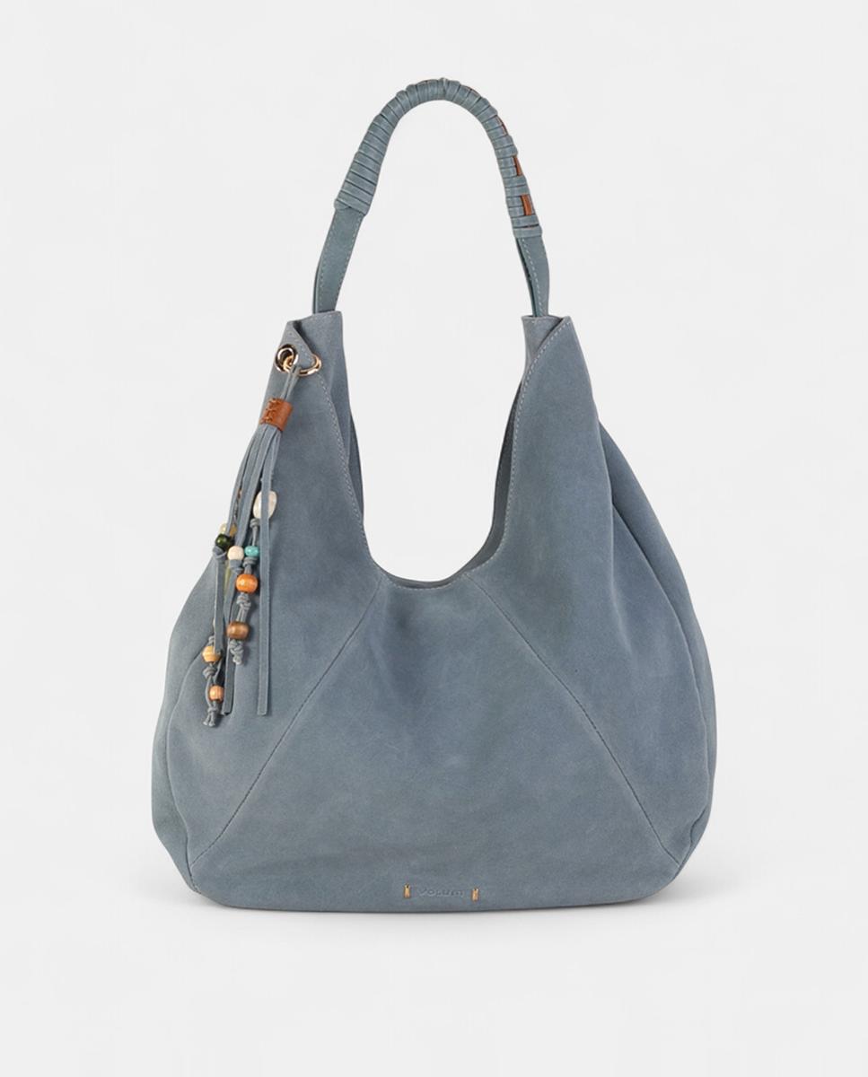Mala Hhobo em Croute com Fecho de Correr, Alça Entrançada e Franjas Decorativas Azul-1