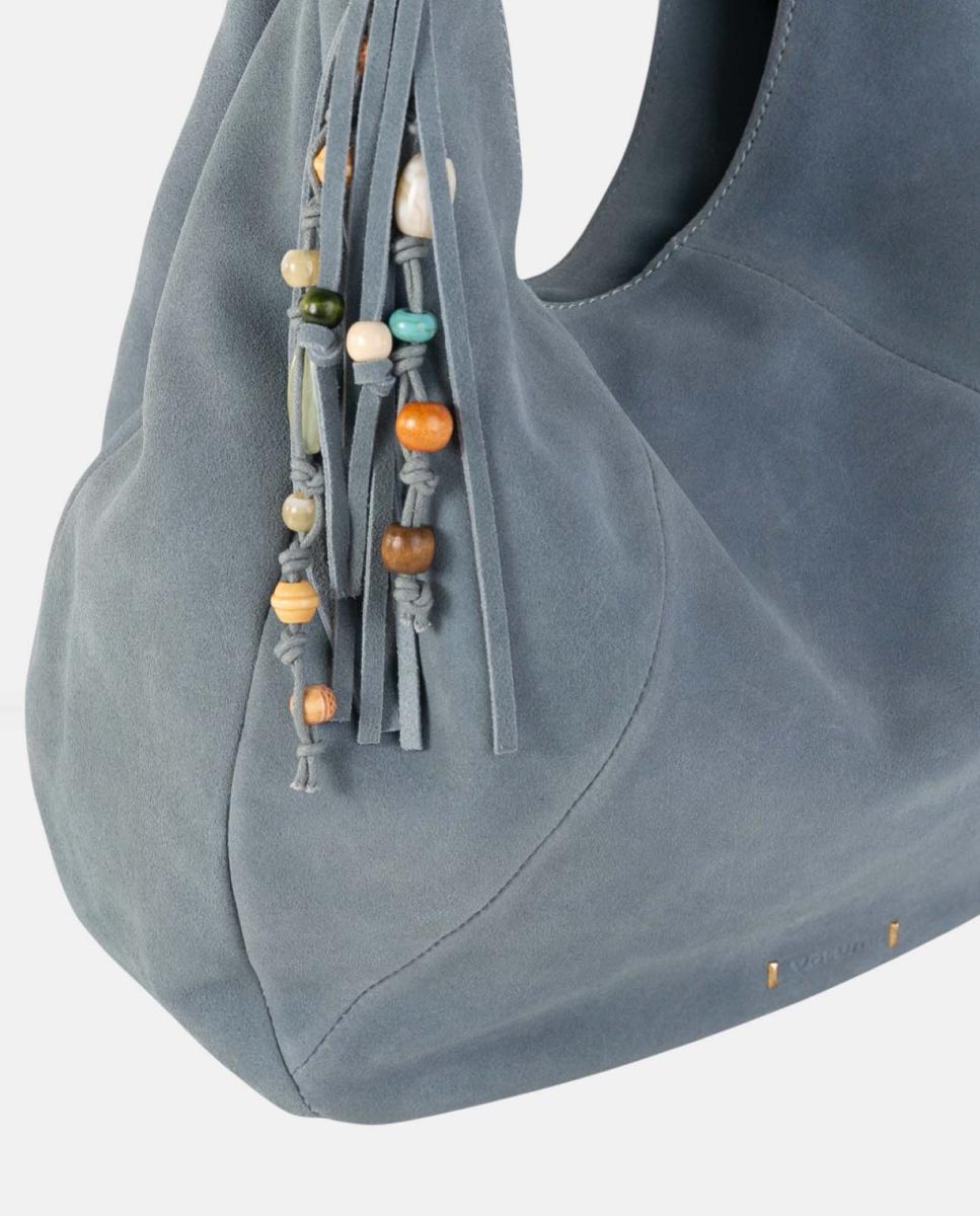 Mala Hhobo em Croute com Fecho de Correr, Alça Entrançada e Franjas Decorativas Azul-3