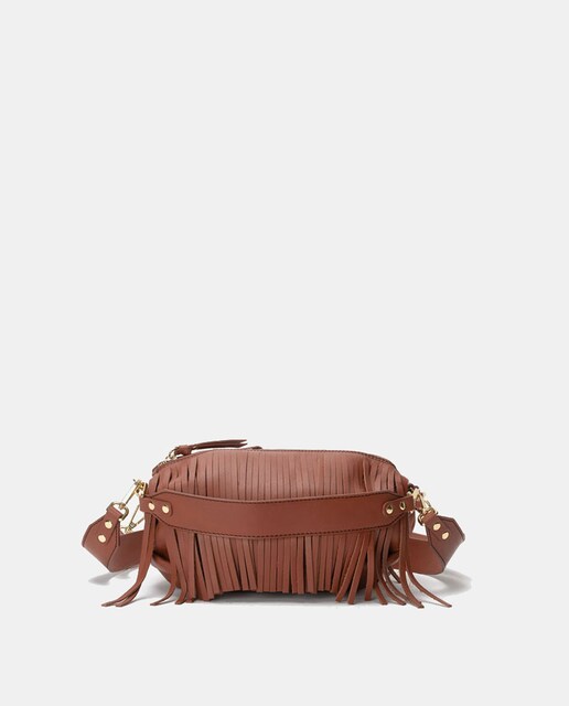 Bolso mediano de piel con forma de globo y flecos decorativos