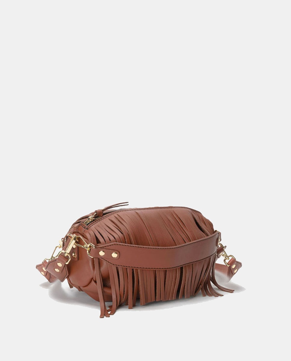Bolso mediano de piel con forma de globo y flecos decorativos - Mercules - Rojo Teja Rojo Teja-2