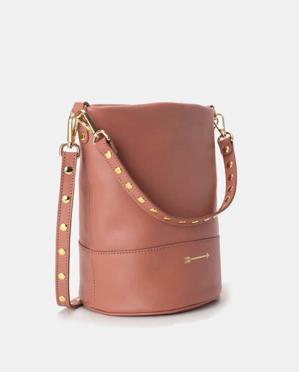 Mala Média em Pele Estilo Bucket com Duas Alças de Rebites Desmontáveis Vermelho-telha-2
