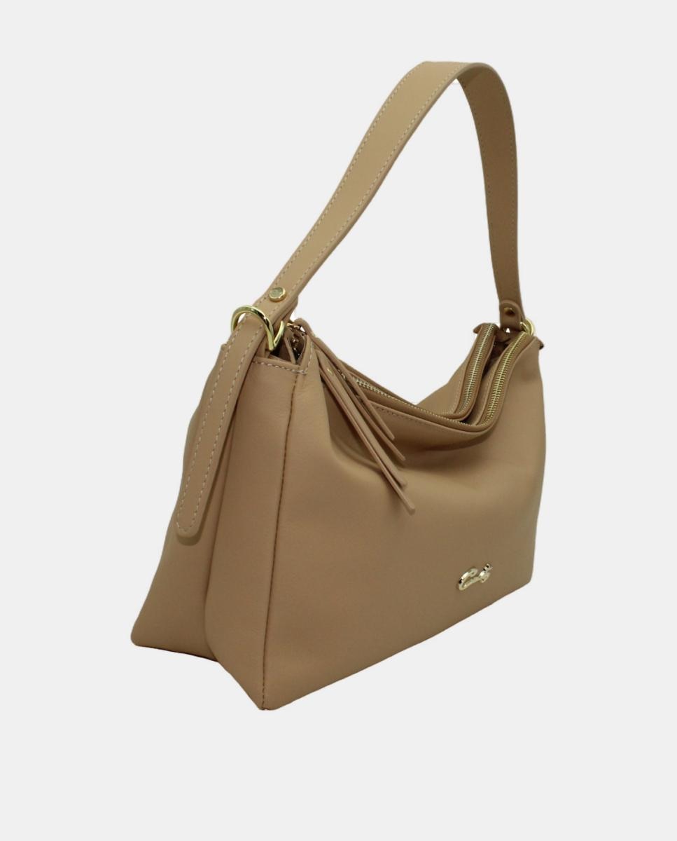 Mala Hobo de Napa Soft com Fecho de Correr Duplo Bege-2
