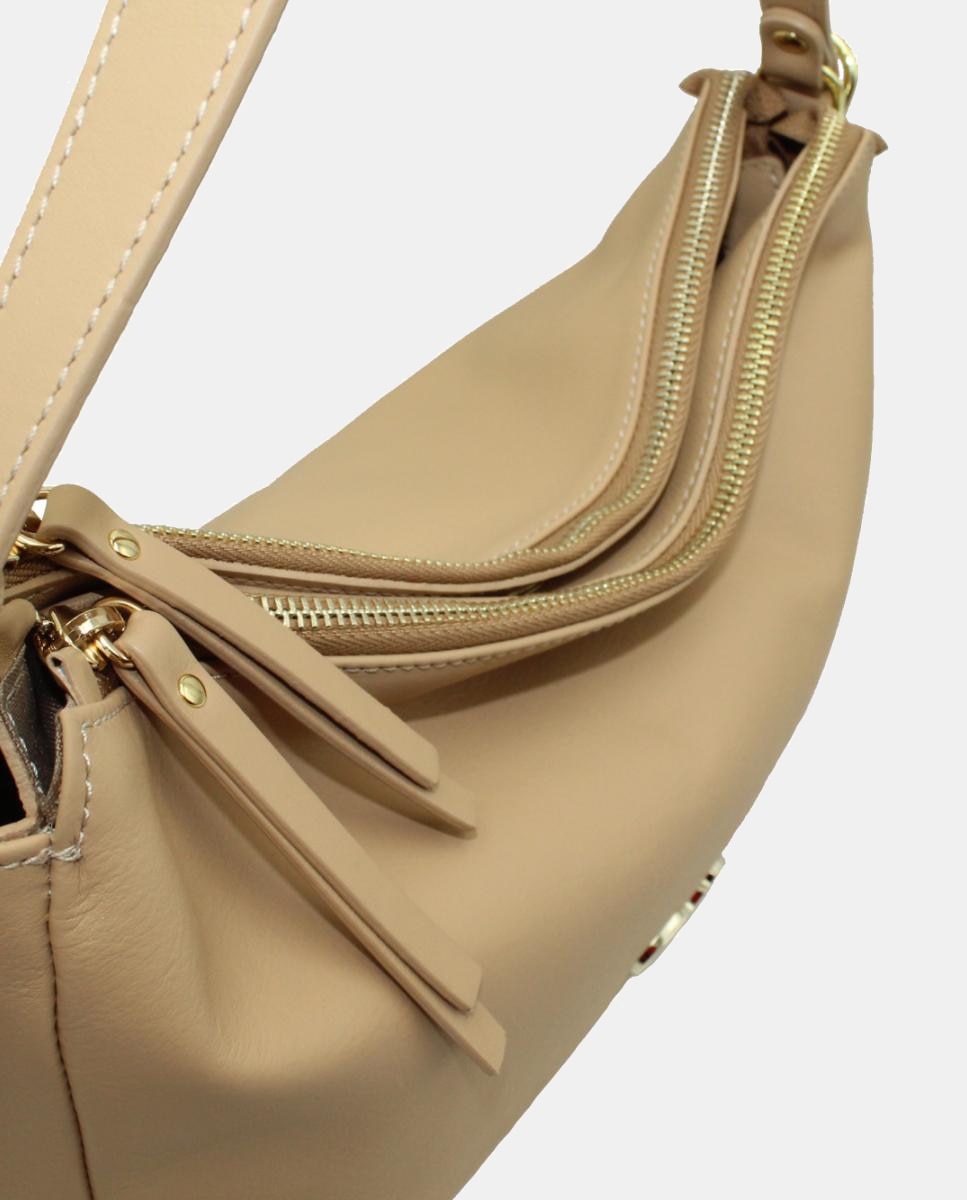 Mala Hobo de Napa Soft com Fecho de Correr Duplo Bege-3
