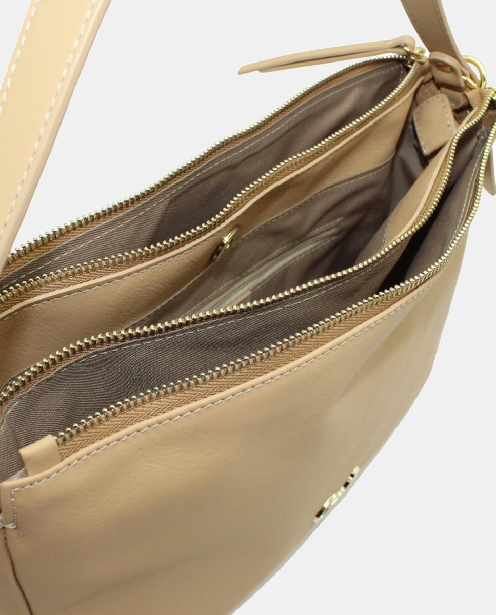 Mala Hobo de Napa Soft com Fecho de Correr Duplo Bege-5