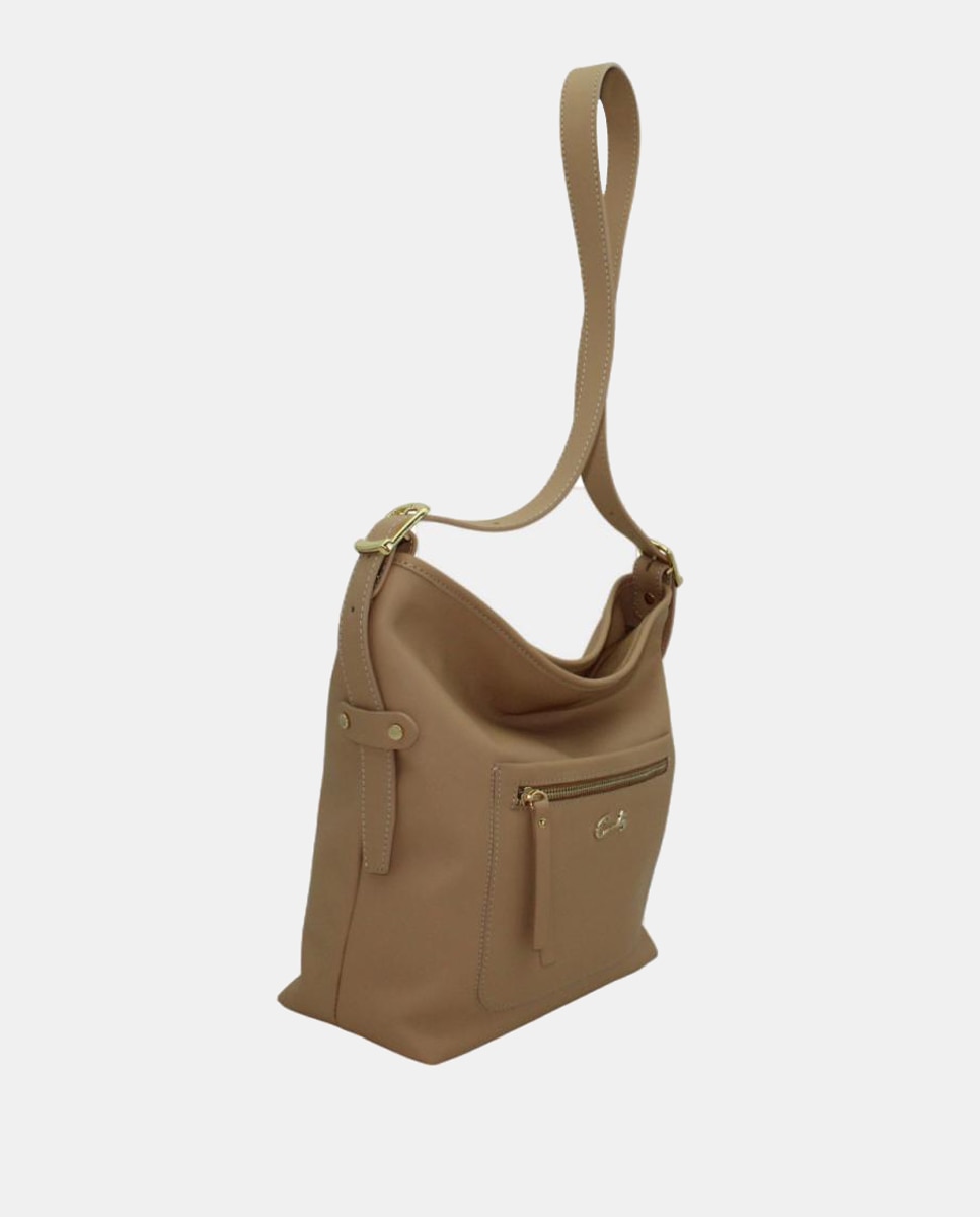 Mala Tipo Tote de Napa Soft com Alça Comprida e bolso à Frente Bege-2
