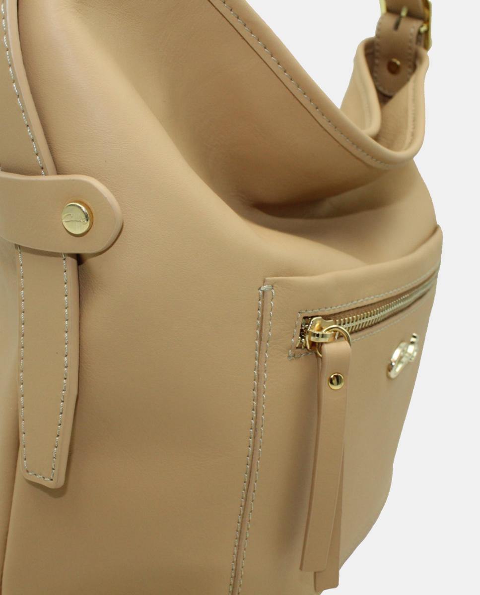 Mala Tipo Tote de Napa Soft com Alça Comprida e bolso à Frente Bege-3