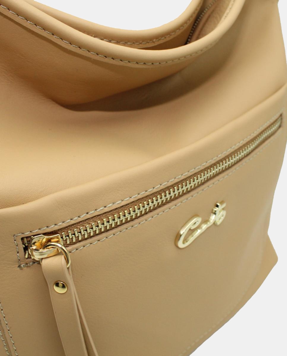 Mala Tipo Tote de Napa Soft com Alça Comprida e bolso à Frente Bege-4