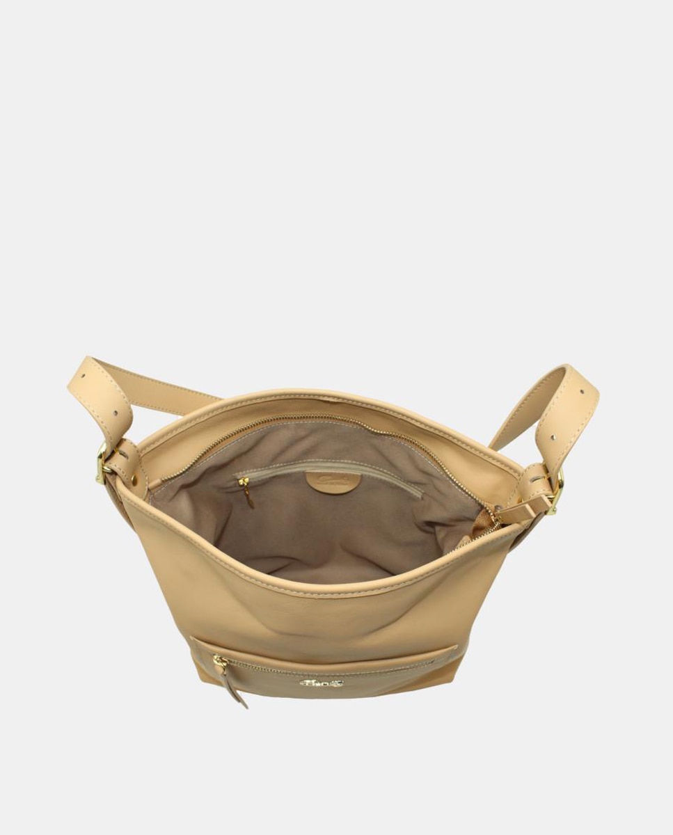 Mala Tipo Tote de Napa Soft com Alça Comprida e bolso à Frente Bege-5