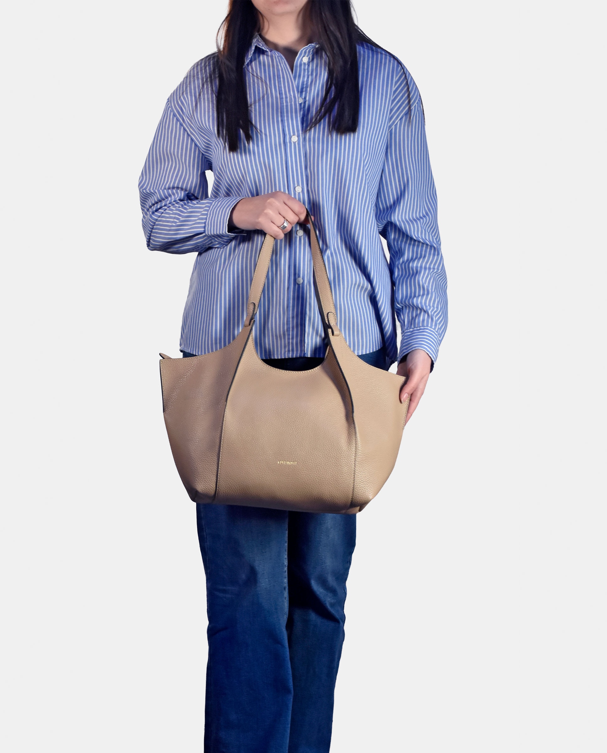 Bolso tote en piel con pouch interior - Guy Laroche - Crema Crema-5