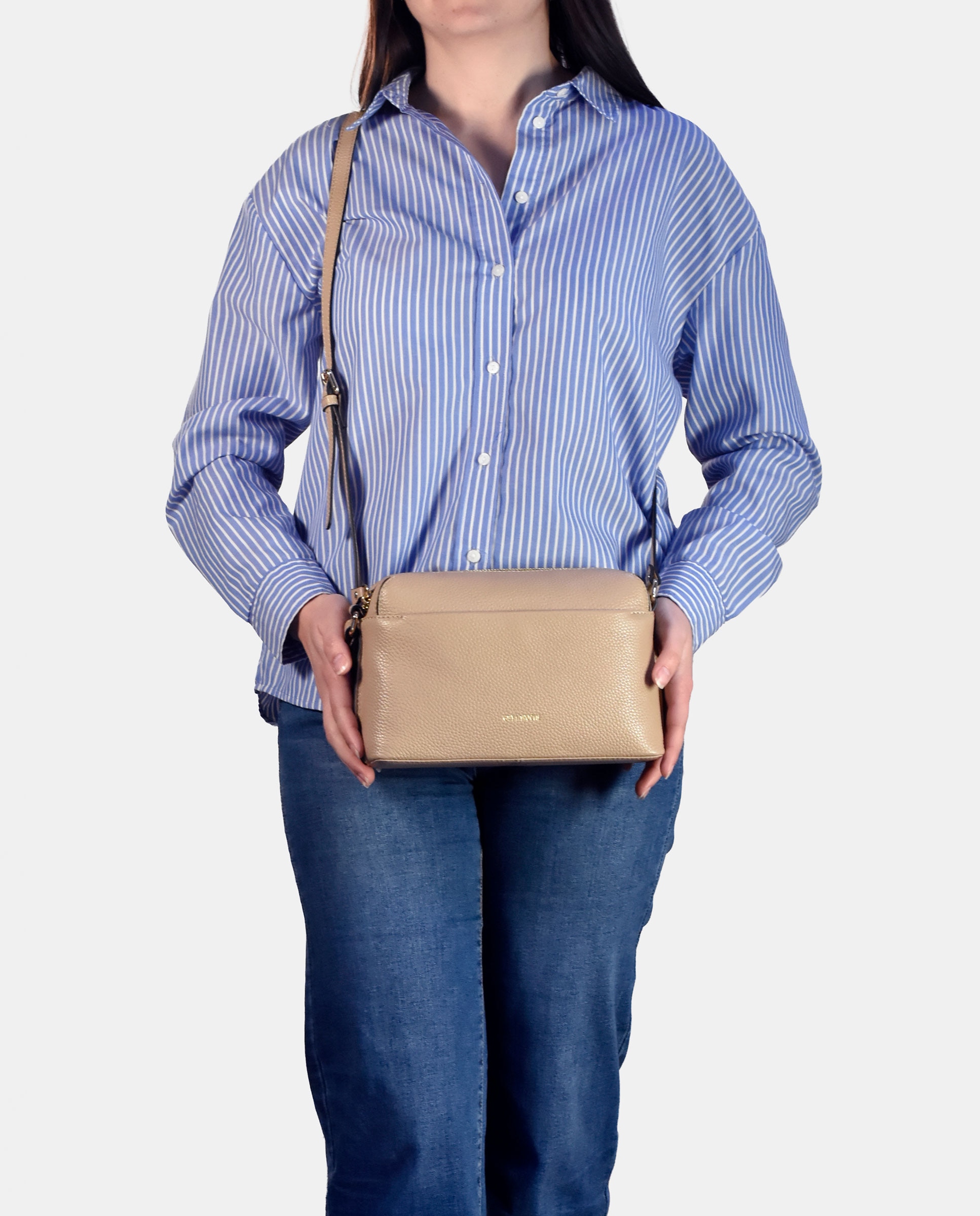 Mala Crossbody em Pele com Bolso à Frente Creme-5