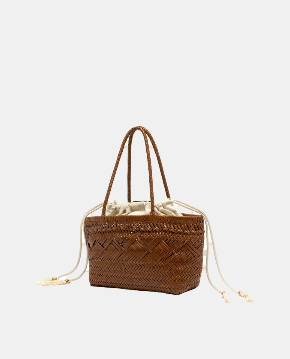 Mala de Ombro Modelo Paloma em Pele Entrançada com Capa Interior Amovível Castanho-claro-2
